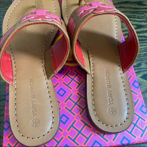*SOLD* TORY BURCH Leigh Calf Leather Thong Flats Sandals BROWN PINK SIZE 7 NIB - Picture 4 of 7